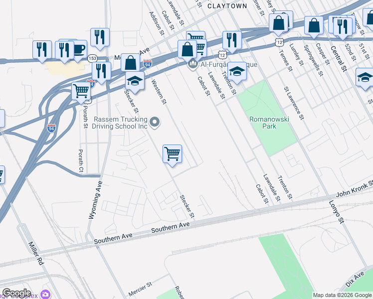 map of restaurants, bars, coffee shops, grocery stores, and more near 4076 Western Street in Detroit