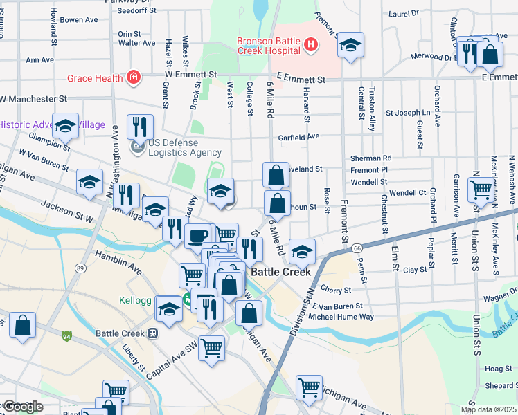 map of restaurants, bars, coffee shops, grocery stores, and more near 93 North Avenue in Battle Creek