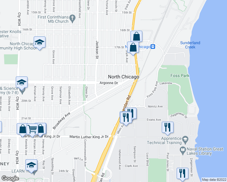 map of restaurants, bars, coffee shops, grocery stores, and more near 911 Broadway Avenue in North Chicago