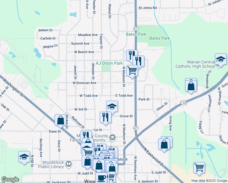 map of restaurants, bars, coffee shops, grocery stores, and more near 123 East Todd Avenue in Woodstock