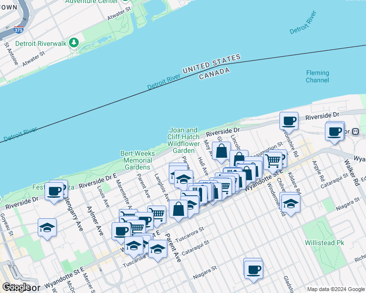 map of restaurants, bars, coffee shops, grocery stores, and more near 1235 Riverside Drive East in Windsor