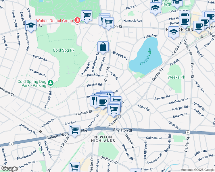 map of restaurants, bars, coffee shops, grocery stores, and more near 1090 Walnut Street in Newton