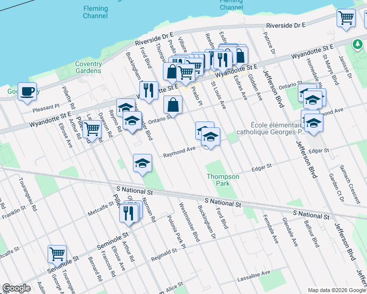 map of restaurants, bars, coffee shops, grocery stores, and more near 987 Ford Boulevard in Windsor
