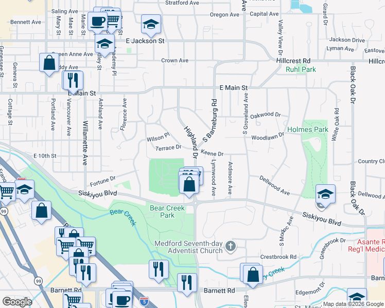 map of restaurants, bars, coffee shops, grocery stores, and more near 300 Highland Drive in Medford