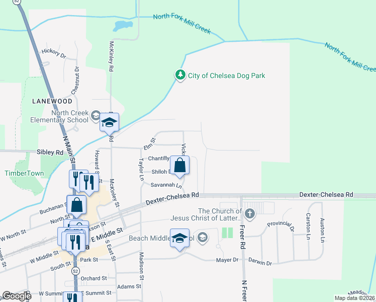map of restaurants, bars, coffee shops, grocery stores, and more near 14200 Dexter-Chelsea Road in Chelsea