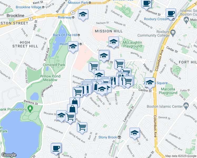 map of restaurants, bars, coffee shops, grocery stores, and more near 51 Creighton Street in Boston