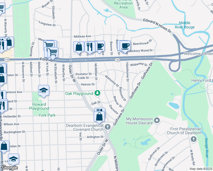 map of restaurants, bars, coffee shops, grocery stores, and more near 1734 Dacosta in Dearborn