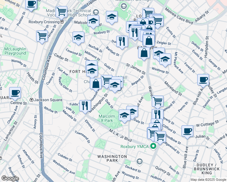 map of restaurants, bars, coffee shops, grocery stores, and more near 102-104 Crispus Attucks Place in Boston