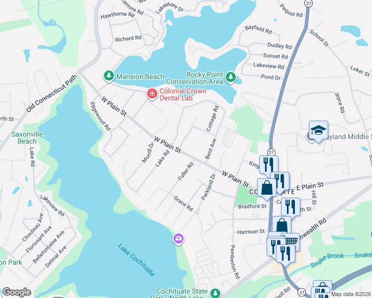 map of restaurants, bars, coffee shops, grocery stores, and more near 115 West Plain Street in Wayland