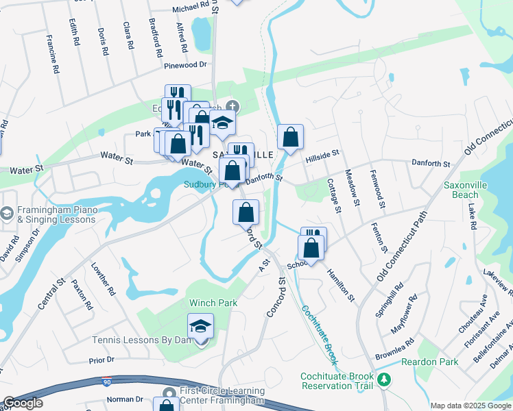 map of restaurants, bars, coffee shops, grocery stores, and more near 1595 Concord Street in Framingham