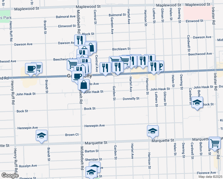 map of restaurants, bars, coffee shops, grocery stores, and more near 28918 John Hauk Street in Garden City