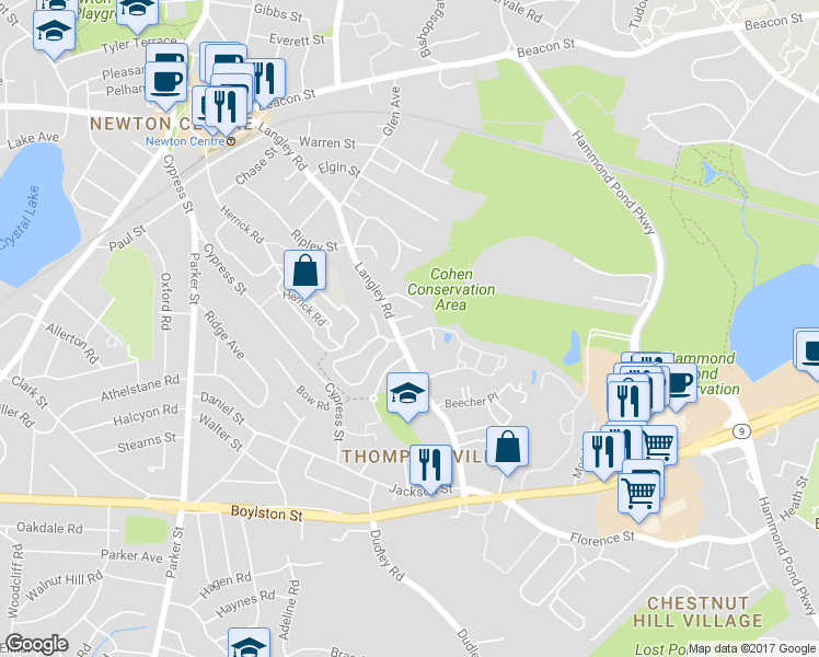 map of restaurants, bars, coffee shops, grocery stores, and more near 133 Carlisle Street in Newton