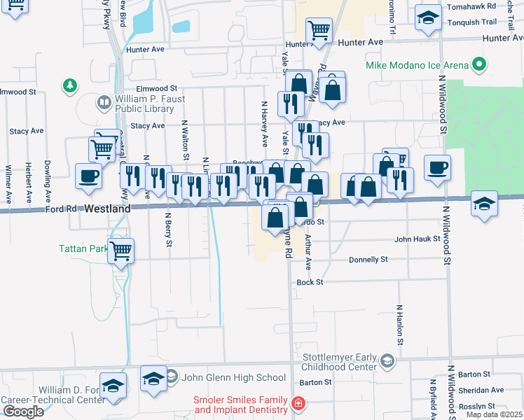 map of restaurants, bars, coffee shops, grocery stores, and more near 35551 Ford Road in Westland