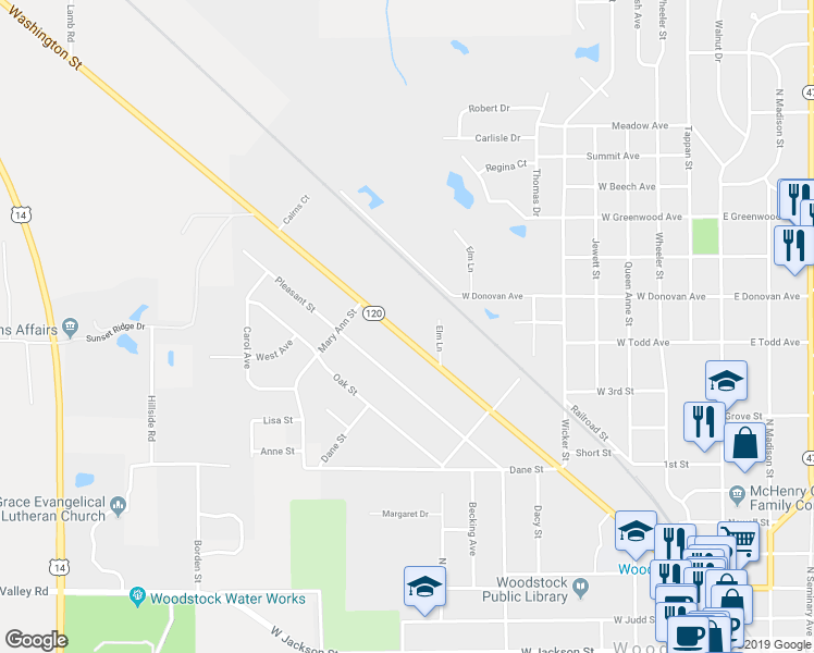map of restaurants, bars, coffee shops, grocery stores, and more near 728 Washington Street in Woodstock