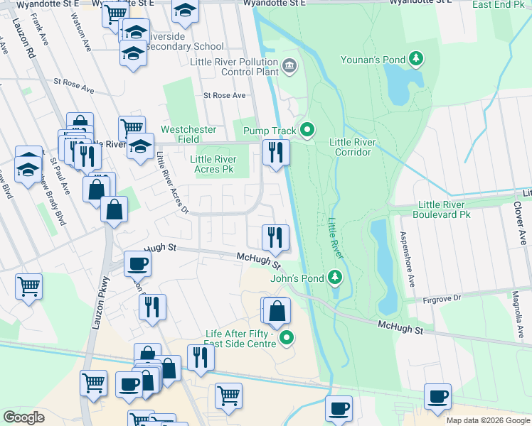 map of restaurants, bars, coffee shops, grocery stores, and more near 9205 Arncliffe Court in Windsor