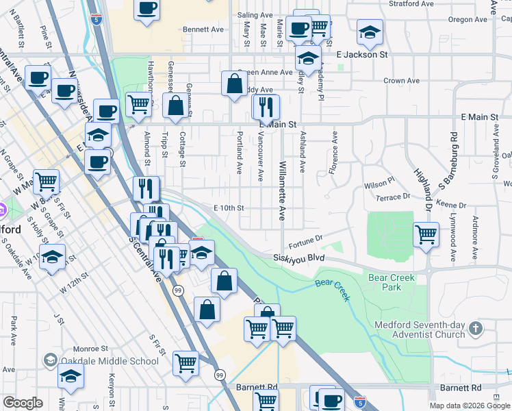 map of restaurants, bars, coffee shops, grocery stores, and more near 224 Vancouver Avenue in Medford