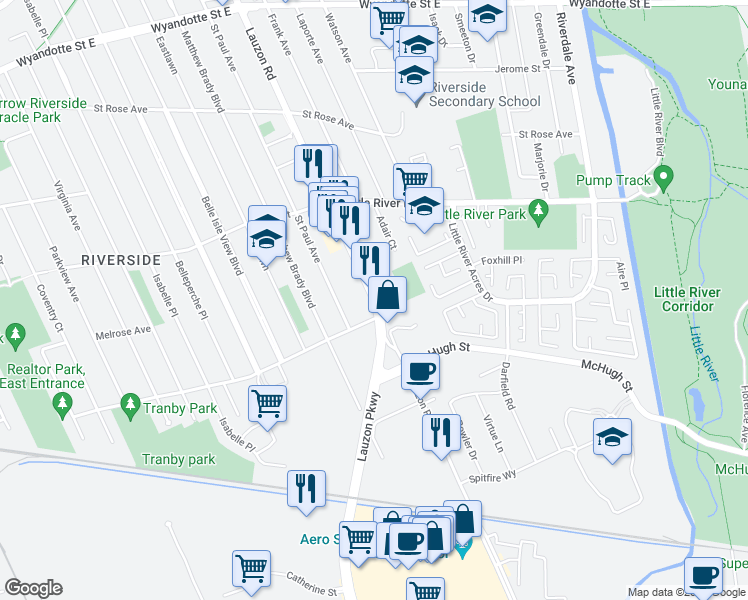 map of restaurants, bars, coffee shops, grocery stores, and more near Lauzon Road in Windsor