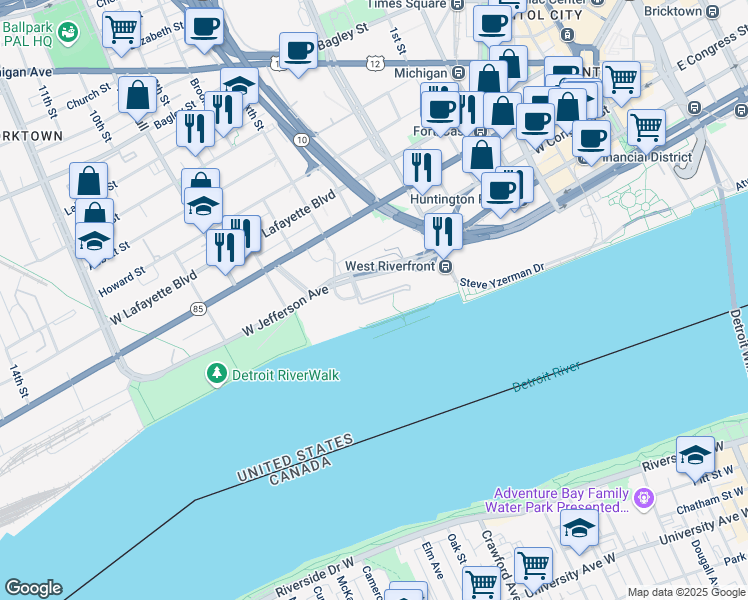 map of restaurants, bars, coffee shops, grocery stores, and more near 200 Riverfront Drive in Detroit