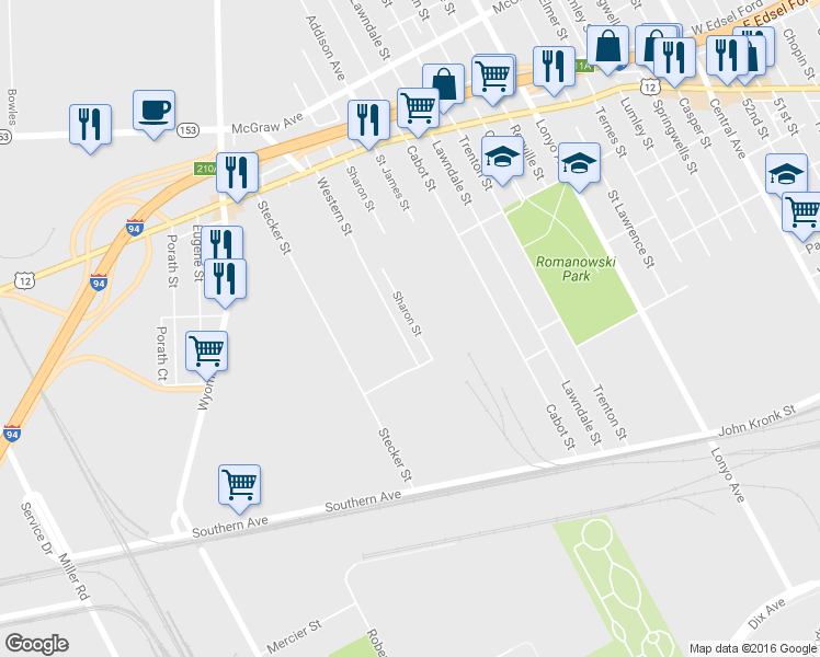 map of restaurants, bars, coffee shops, grocery stores, and more near 4076 Western Street in Detroit