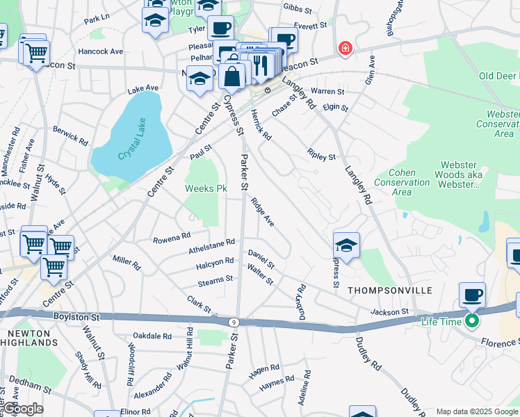 map of restaurants, bars, coffee shops, grocery stores, and more near 0 Glenwood Avenue in Newton