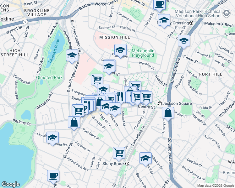 map of restaurants, bars, coffee shops, grocery stores, and more near 13 Sunnyside Street in Boston