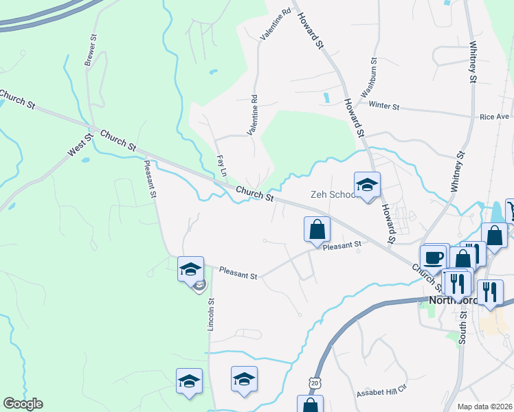map of restaurants, bars, coffee shops, grocery stores, and more near 145 Church Street in Northborough