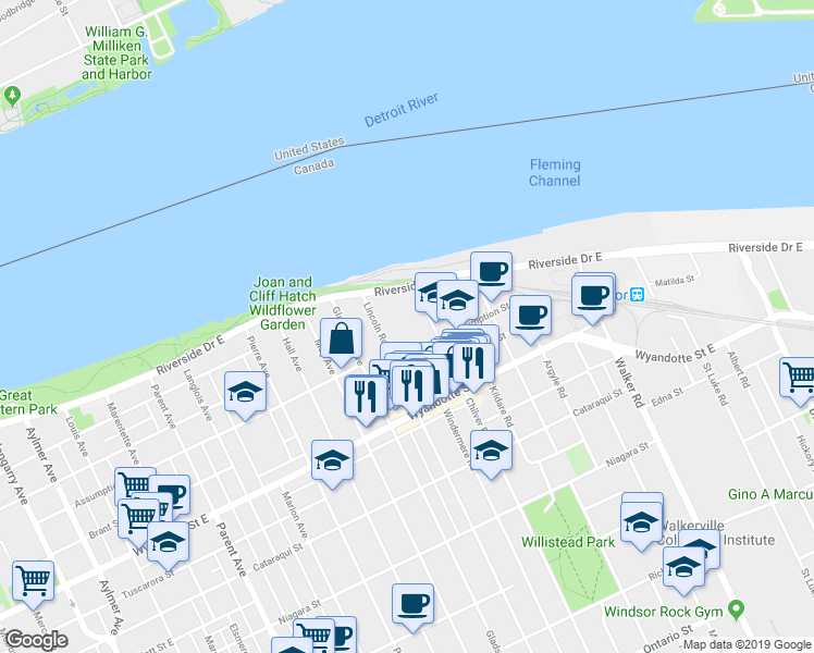 map of restaurants, bars, coffee shops, grocery stores, and more near 1700 Assumption Street in Windsor