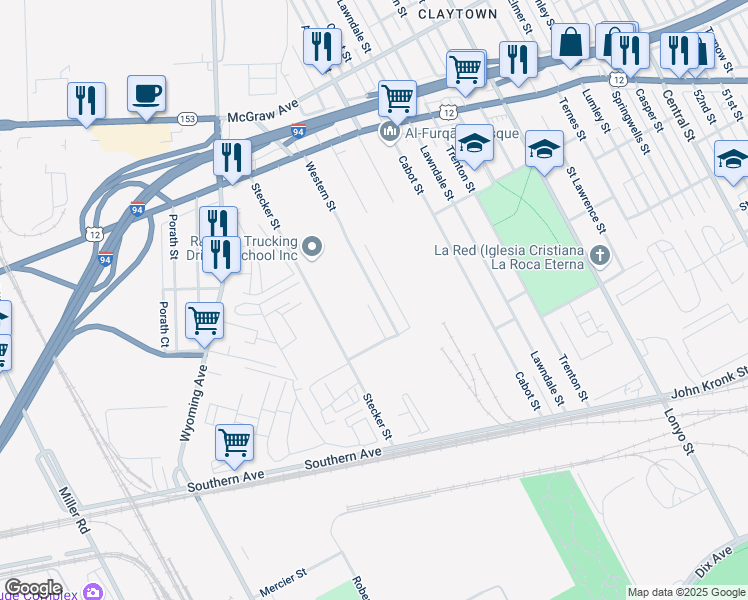 map of restaurants, bars, coffee shops, grocery stores, and more near 4076 Western Street in Detroit