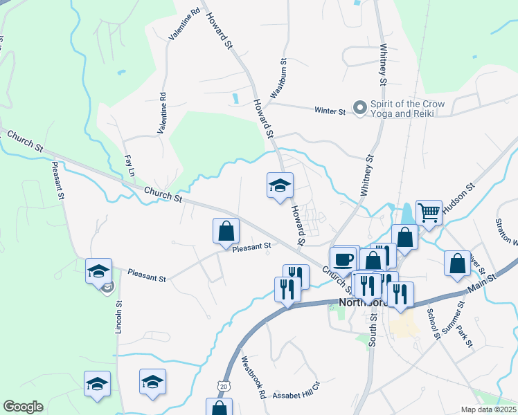 map of restaurants, bars, coffee shops, grocery stores, and more near 82 Church Street in Northborough