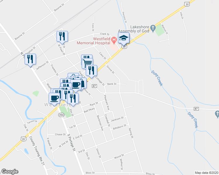 map of restaurants, bars, coffee shops, grocery stores, and more near 10 Bank Street in Westfield