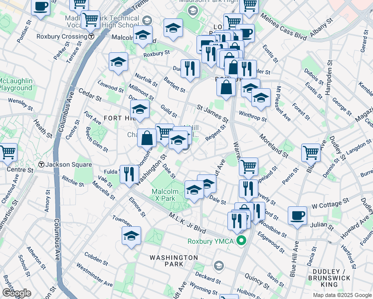 map of restaurants, bars, coffee shops, grocery stores, and more near 102-104 Crispus Attucks Place in Boston