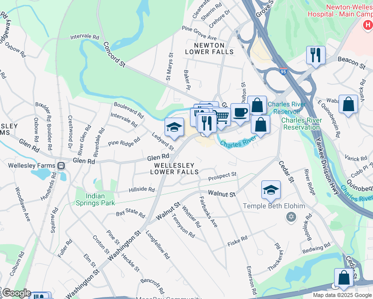 map of restaurants, bars, coffee shops, grocery stores, and more near 36 Washington Street in Wellesley