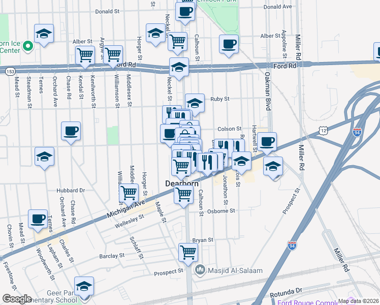 map of restaurants, bars, coffee shops, grocery stores, and more near 5020 Schaefer Road in Dearborn