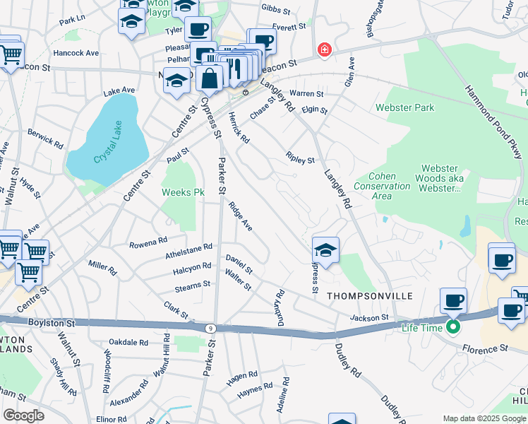 map of restaurants, bars, coffee shops, grocery stores, and more near 169 Cypress Street in Newton