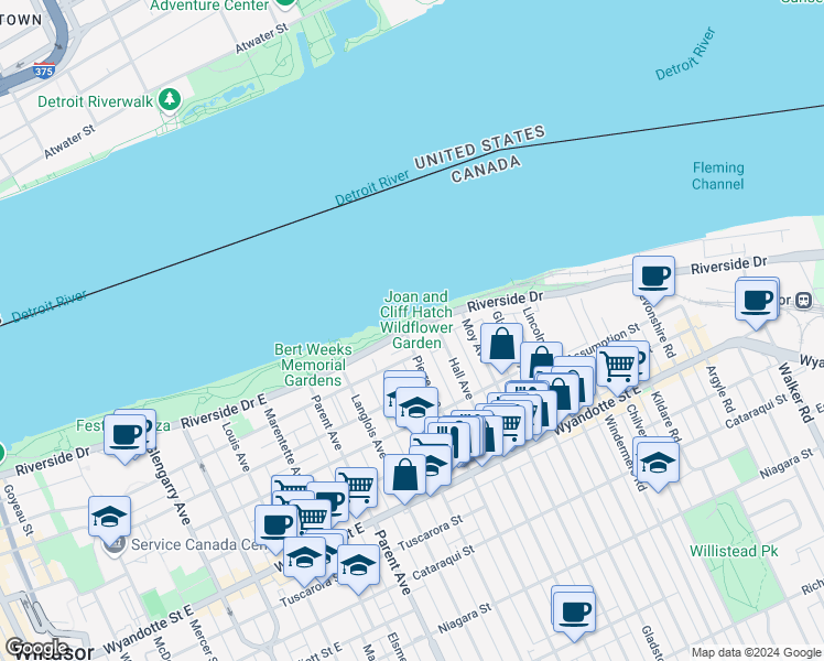 map of restaurants, bars, coffee shops, grocery stores, and more near 1235 Riverside Drive East in Windsor