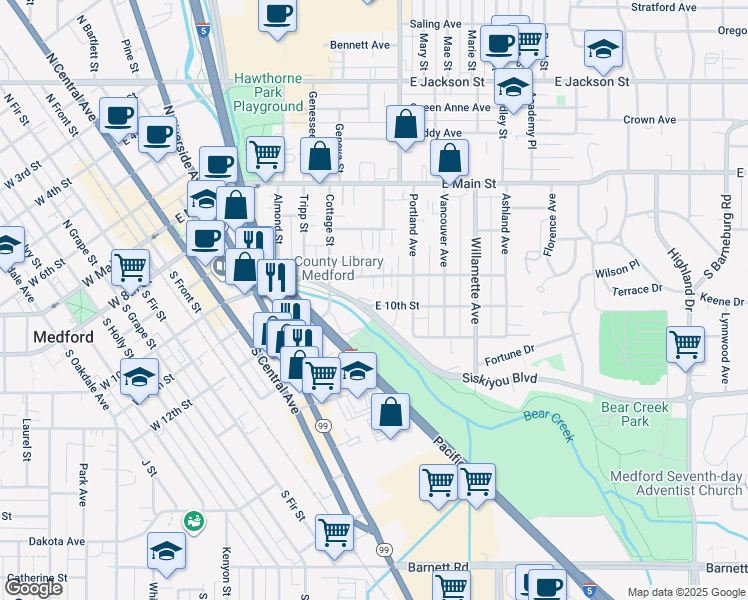 map of restaurants, bars, coffee shops, grocery stores, and more near 825 East 10th Street in Medford