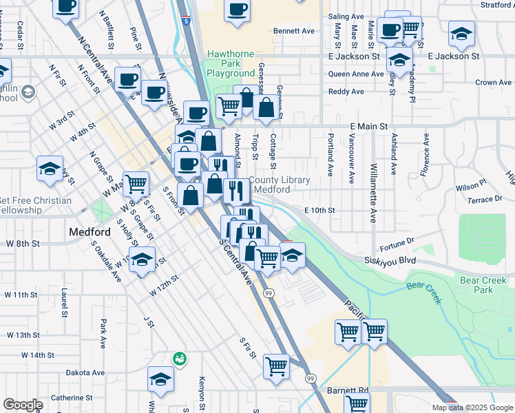 map of restaurants, bars, coffee shops, grocery stores, and more near 3491 Old Ferry Road in Medford