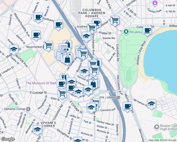map of restaurants, bars, coffee shops, grocery stores, and more near 17 Dorset Street in Boston