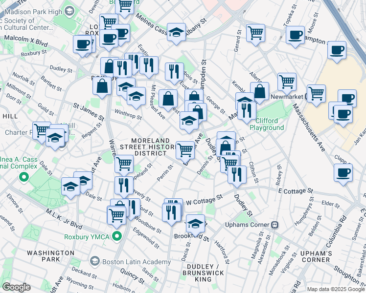 map of restaurants, bars, coffee shops, grocery stores, and more near 103 Winthrop Street in Boston