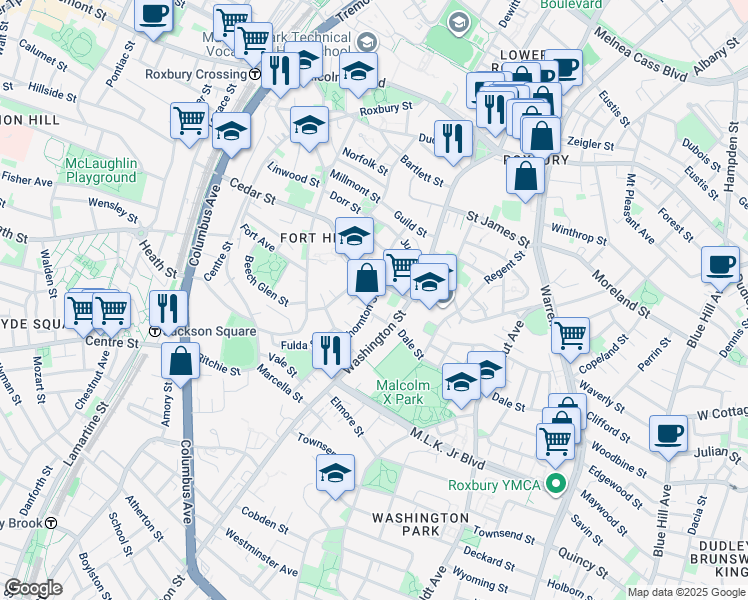 map of restaurants, bars, coffee shops, grocery stores, and more near 91 Thornton Street in Boston