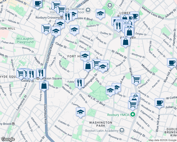 map of restaurants, bars, coffee shops, grocery stores, and more near 91 Thornton Street in Boston
