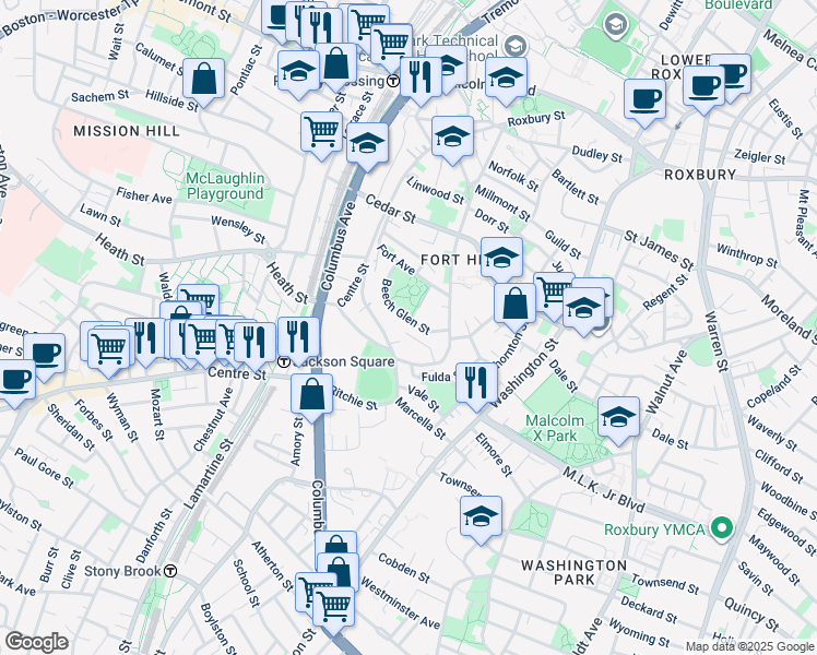 map of restaurants, bars, coffee shops, grocery stores, and more near 91 Marcella Street in Boston
