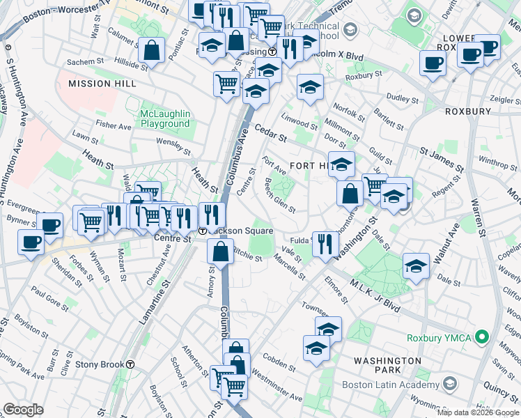 map of restaurants, bars, coffee shops, grocery stores, and more near 91 Marcella Street in Boston