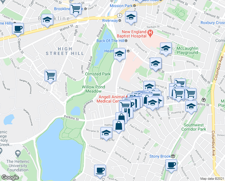 map of restaurants, bars, coffee shops, grocery stores, and more near 112 Bynner Street in Boston