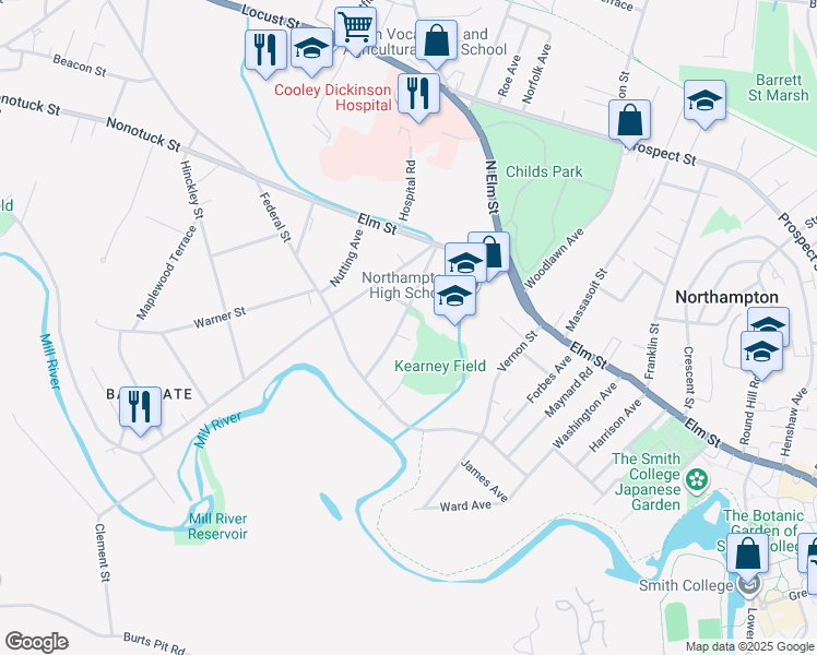 map of restaurants, bars, coffee shops, grocery stores, and more near 80 Milton Street in Northampton