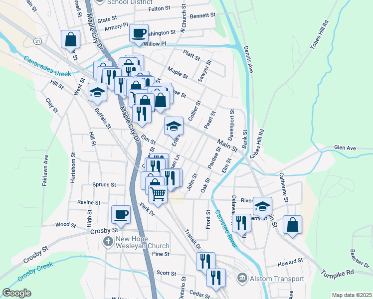 map of restaurants, bars, coffee shops, grocery stores, and more near 66 Elm Street in Hornell