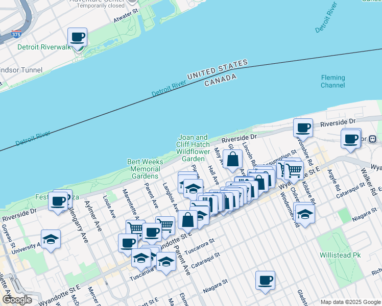 map of restaurants, bars, coffee shops, grocery stores, and more near 1235 Riverside Drive East in Windsor