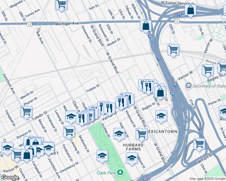 map of restaurants, bars, coffee shops, grocery stores, and more near 2055 Vinewood Street in Detroit