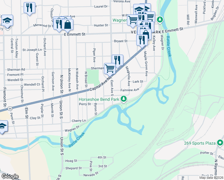 map of restaurants, bars, coffee shops, grocery stores, and more near 58 East Avenue North in Battle Creek