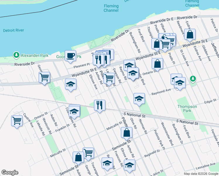 map of restaurants, bars, coffee shops, grocery stores, and more near 896 Pillette Road in Windsor